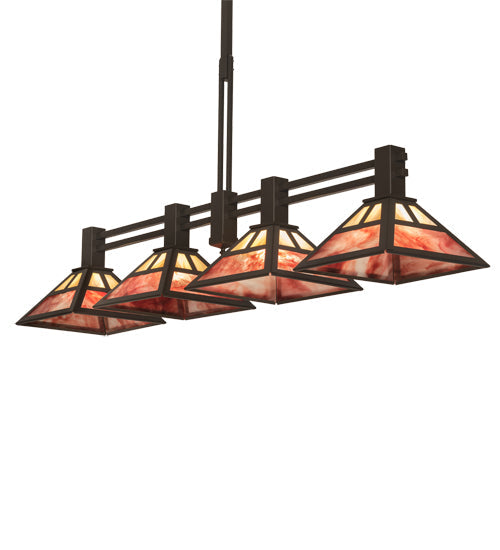 Meyda Lighting Soffe 64" 4-Light Timeless Bronze "T" Mission Island Pendant Light With Beige Iridescent & Burgundy Shade Glass