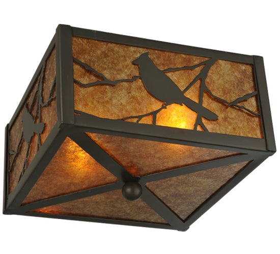 Meyda Lighting Song Bird 10"Sq 2-Light Timeless Bronze Flush Mount Light With Amber Mica Shade Glass