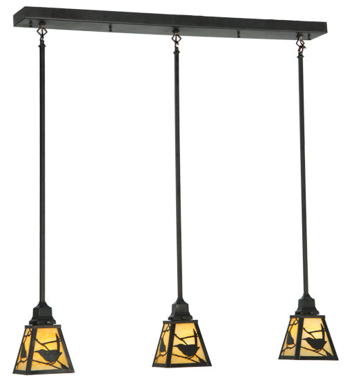 Meyda Lighting Songbird 42" 3-Light Craftsman Brown Mission Island Pendant Light With Beige Shade Glass