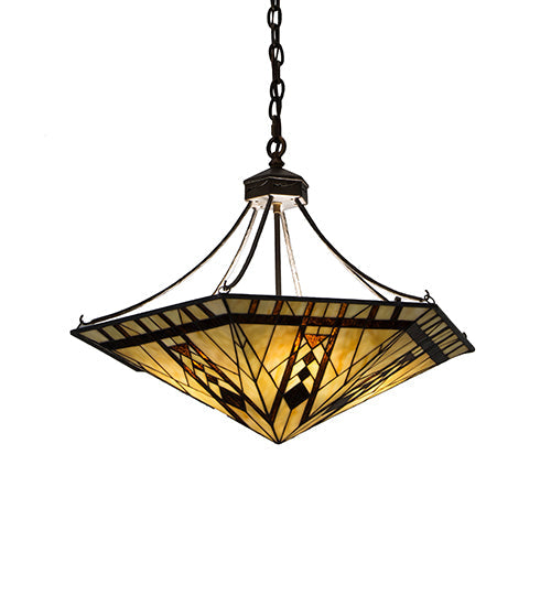 Meyda Lighting Sonoma 27" 8-Light Antique Copper Inverted Pendant Light With Brown & Beige Shade Glass