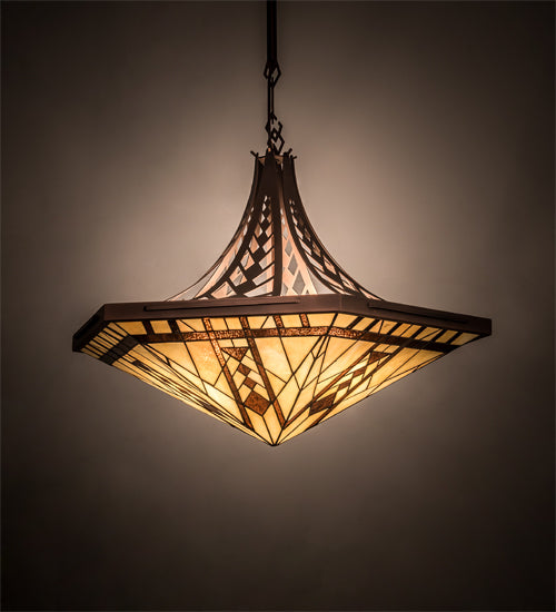 Meyda Lighting Sonoma 28" 3-Light Cinnamon Coffee Metallic Inverted Pendant Light With Beige & Brown Shade Glass