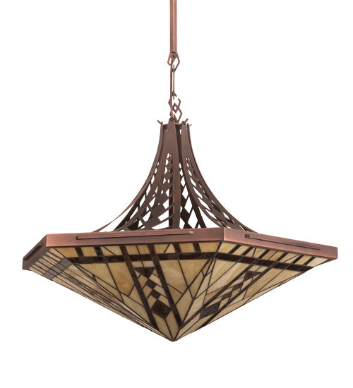 Meyda Lighting Sonoma 28" 3-Light Cinnamon Coffee Metallic Inverted Pendant Light With Beige & Brown Shade Glass