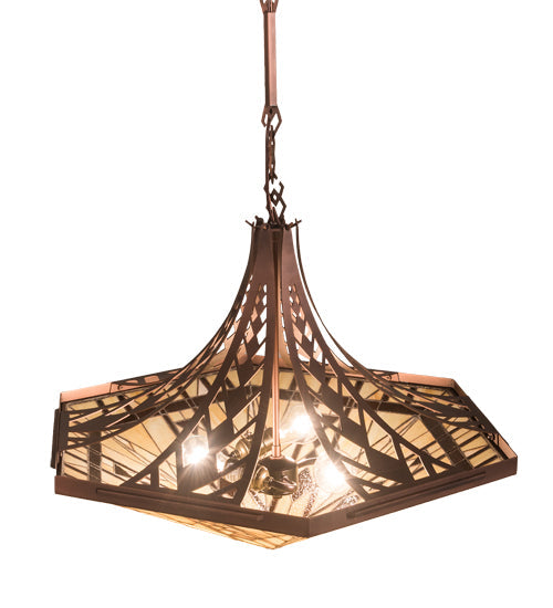Meyda Lighting Sonoma 28" 3-Light Cinnamon Coffee Metallic Inverted Pendant Light With Beige & Brown Shade Glass