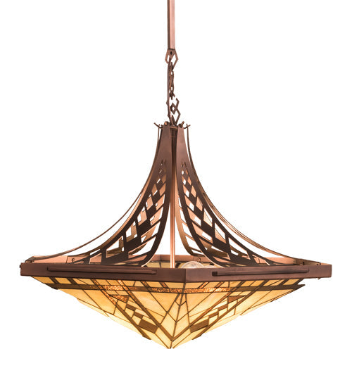 Meyda Lighting Sonoma 28" 3-Light Cinnamon Coffee Metallic Inverted Pendant Light With Beige & Brown Shade Glass