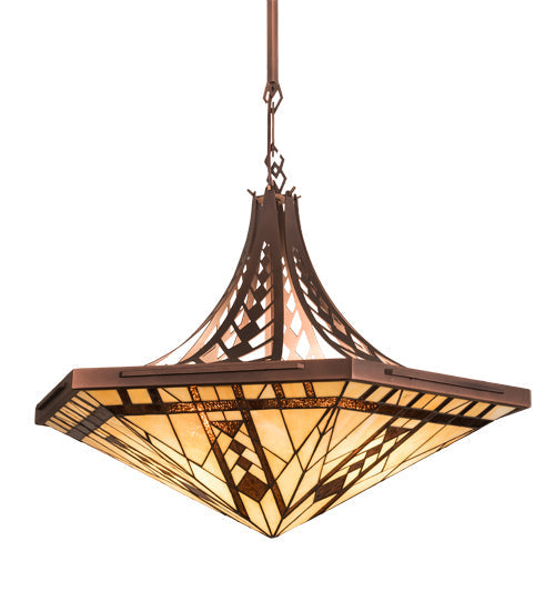 Meyda Lighting Sonoma 28" 3-Light Cinnamon Coffee Metallic Inverted Pendant Light With Beige & Brown Shade Glass