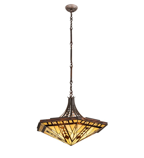 Meyda Lighting Sonoma 29" 3-Light Old Copper Pot Inverted Pendant Light With Sand Beige & Bark Brown Shade Glass