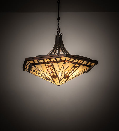 Meyda Lighting Sonoma 29" 3-Light Old Copper Pot Inverted Pendant Light With Sand Beige & Bark Brown Shade Glass