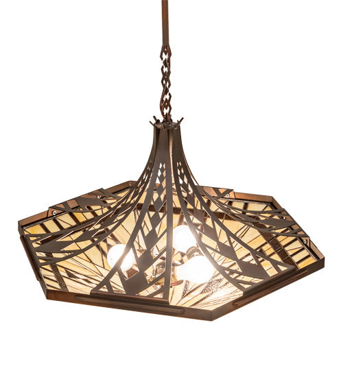 Meyda Lighting Sonoma 29" 3-Light Old Copper Pot Inverted Pendant Light With Sand Beige & Bark Brown Shade Glass