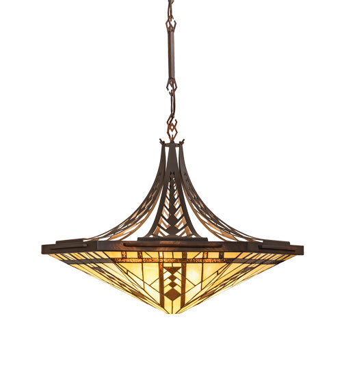 Meyda Lighting Sonoma 29" 3-Light Old Copper Pot Inverted Pendant Light With Sand Beige & Bark Brown Shade Glass