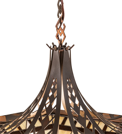 Meyda Lighting Sonoma 29" 3-Light Old Copper Pot Inverted Pendant Light With Sand Beige & Bark Brown Shade Glass