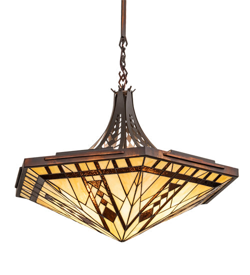 Meyda Lighting Sonoma 29" 3-Light Old Copper Pot Inverted Pendant Light With Sand Beige & Bark Brown Shade Glass