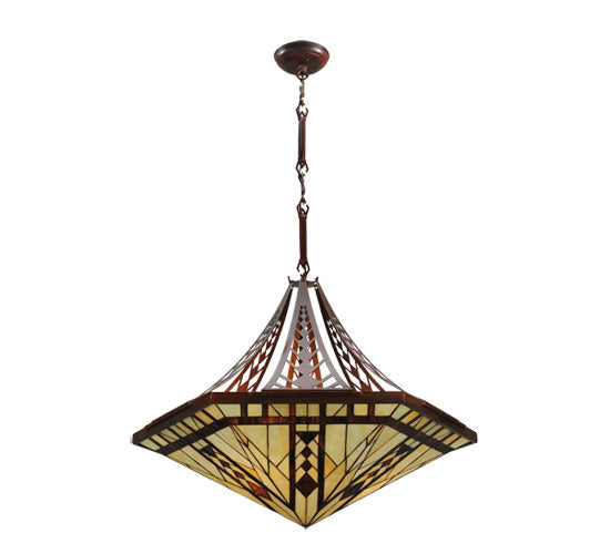 Meyda Lighting Sonoma 29" 3-Light Old Copper Pot Inverted Pendant Light With Sand Beige and Bark Brown Granite Shade Glass