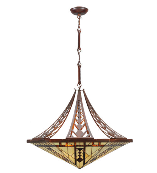 Meyda Lighting Sonoma 29" 3-Light Old Copper Pot Inverted Pendant Light With Sand Beige and Bark Brown Granite Shade Glass