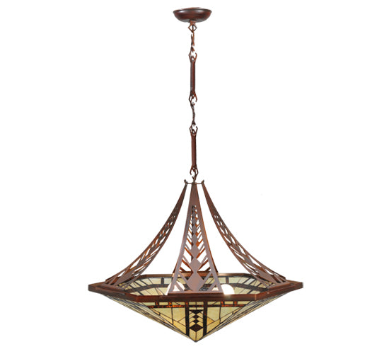 Meyda Lighting Sonoma 29" 3-Light Old Copper Pot Inverted Pendant Light With Sand Beige and Bark Brown Granite Shade Glass