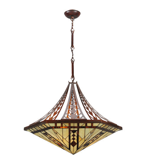 Meyda Lighting Sonoma 29" 3-Light Old Copper Pot Inverted Pendant Light With Sand Beige and Bark Brown Granite Shade Glass