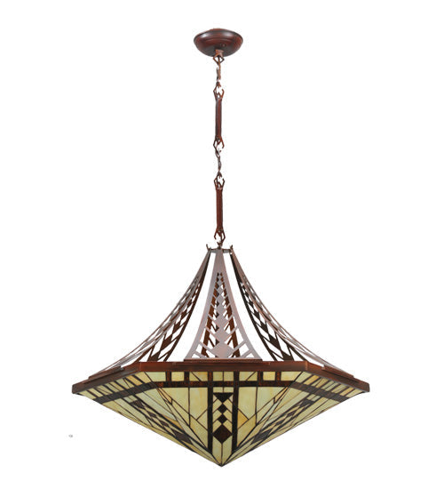 Meyda Lighting Sonoma 29" 3-Light Old Copper Pot Inverted Pendant Light With Sand Beige and Bark Brown Granite Shade Glass
