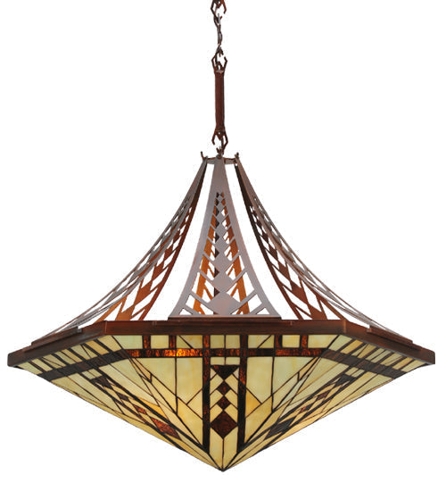 Meyda Lighting Sonoma 29" 3-Light Old Copper Pot Inverted Pendant Light With Sand Beige and Bark Brown Granite Shade Glass
