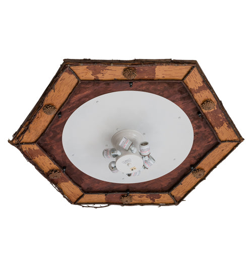 Meyda Lighting Sonoma 36" 6-Light Birch Wood Flush Mount Light With Amber & Beige Stained Shade Glass