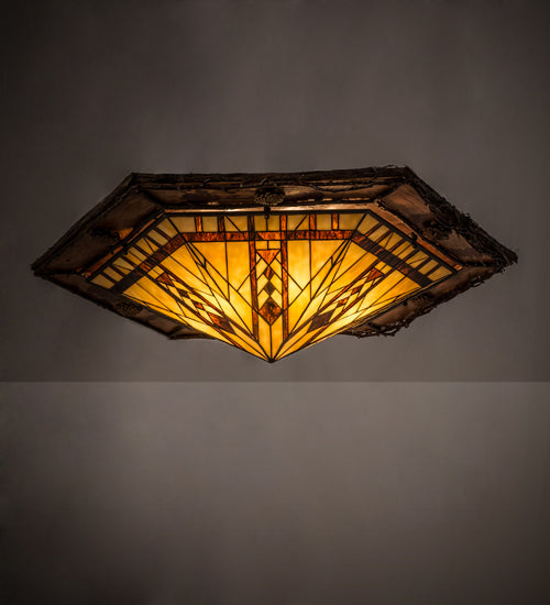 Meyda Lighting Sonoma 36" 6-Light Birch Wood Flush Mount Light With Amber & Beige Stained Shade Glass