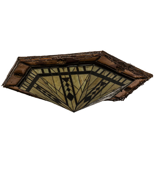 Meyda Lighting Sonoma 36" 6-Light Birch Wood Flush Mount Light With Amber & Beige Stained Shade Glass