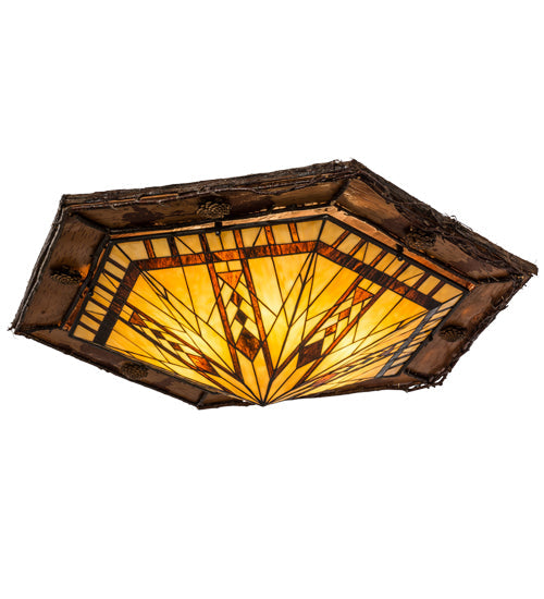 Meyda Lighting Sonoma 36" 6-Light Birch Wood Flush Mount Light With Amber & Beige Stained Shade Glass