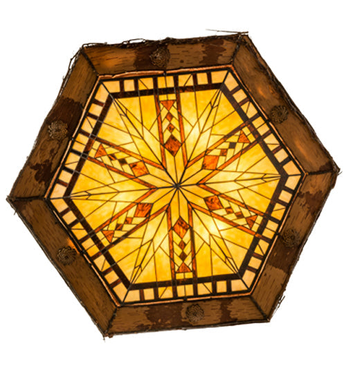Meyda Lighting Sonoma 36" 6-Light Birch Wood Flush Mount Light With Amber & Beige Stained Shade Glass