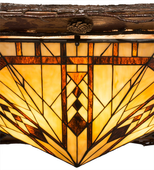 Meyda Lighting Sonoma 36" 6-Light Birch Wood Flush Mount Light With Amber & Beige Stained Shade Glass