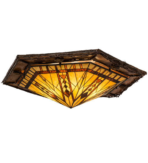 Meyda Lighting Sonoma 36" 6-Light Birch Wood Flush Mount Light With Amber & Beige Stained Shade Glass