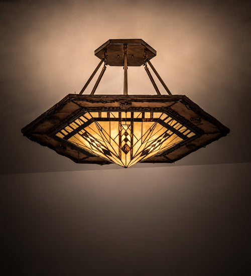 Meyda Lighting Sonoma 40" 6-Light Vintage Copper & Natural Wood Semi-flush Mount Light With Beige & Brown Shade Glass