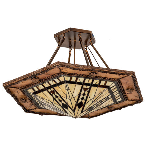 Meyda Lighting Sonoma 40" 6-Light Vintage Copper & Natural Wood Semi-flush Mount Light With Beige & Brown Shade Glass