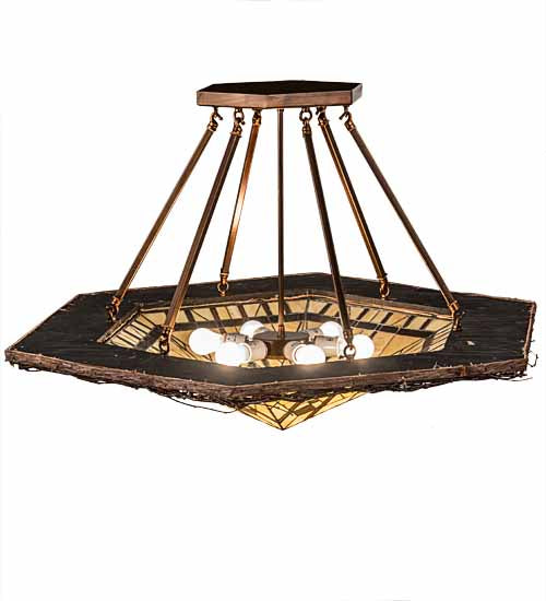 Meyda Lighting Sonoma 40" 6-Light Vintage Copper & Natural Wood Semi-flush Mount Light With Beige & Brown Shade Glass
