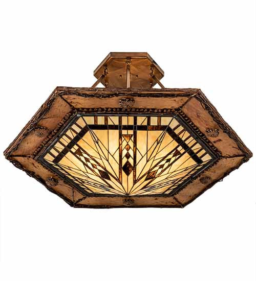 Meyda Lighting Sonoma 40" 6-Light Vintage Copper & Natural Wood Semi-flush Mount Light With Beige & Brown Shade Glass