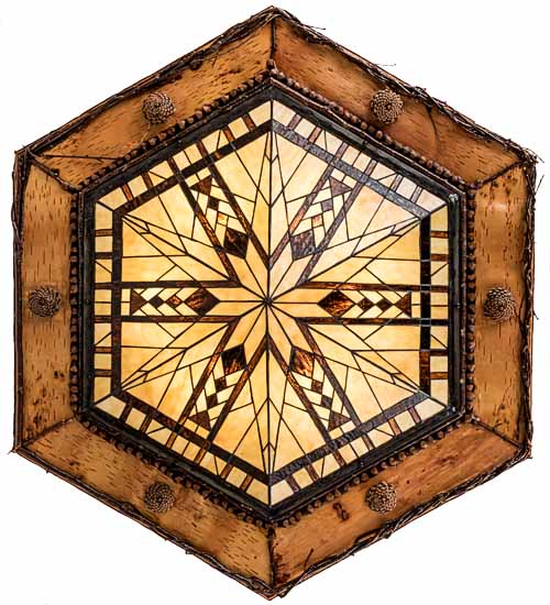 Meyda Lighting Sonoma 40" 6-Light Vintage Copper & Natural Wood Semi-flush Mount Light With Beige & Brown Shade Glass
