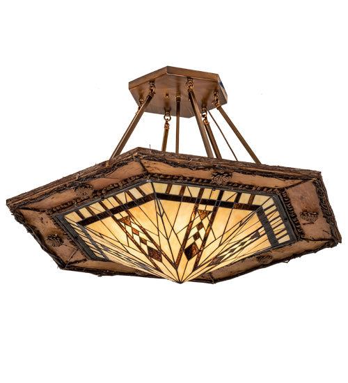 Meyda Lighting Sonoma 40" 6-Light Vintage Copper & Natural Wood Semi-flush Mount Light With Beige & Brown Shade Glass