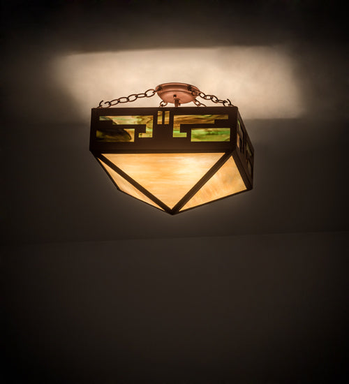 Meyda Lighting Southwest 23" 4-Light Rust Inverted Pendant Light With Beige Iridescent & Green Art Shade Glass