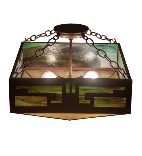 Meyda Lighting Southwest 23" 4-Light Rust Inverted Pendant Light With Beige Iridescent & Green Art Shade Glass