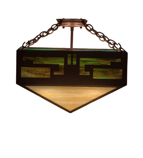 Meyda Lighting Southwest 23" 4-Light Rust Inverted Pendant Light With Beige Iridescent & Green Art Shade Glass