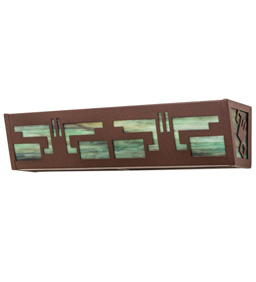 Meyda Lighting Southwest 27" 4-Light Rust Mission Vanity Light With Greenish Brown Art Shade Glass