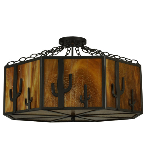 Meyda Lighting Southwest 28" 8-Light Timeless Bronze Cactus Semi-flush Mount Ceiling Light With Honey Art Shade Glass