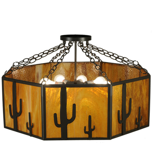 Meyda Lighting Southwest 28" 8-Light Timeless Bronze Cactus Semi-flush Mount Ceiling Light With Honey Art Shade Glass