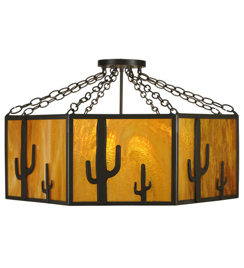 Meyda Lighting Southwest 28" 8-Light Timeless Bronze Cactus Semi-flush Mount Ceiling Light With Honey Art Shade Glass