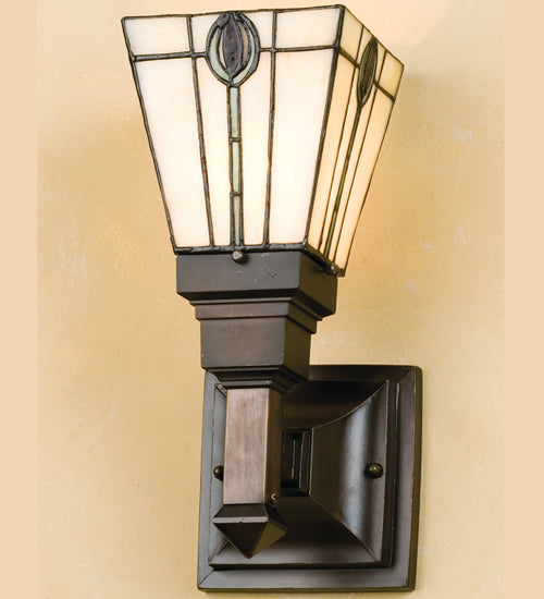 Meyda Lighting Spear 5" Mahogany Bronze Mission Wall Sconce With Green & Beige Shade Glass