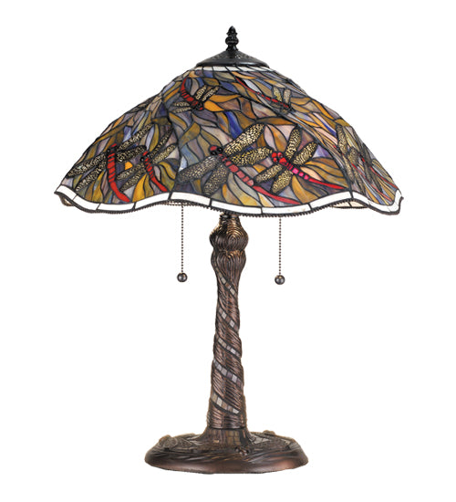 Meyda Lighting Spiral Dragonfly 24" 2-Light Mahogany Bronze Table Lamp With Multi-Colored Shade Glass and Twisted Fly Mosaic Base