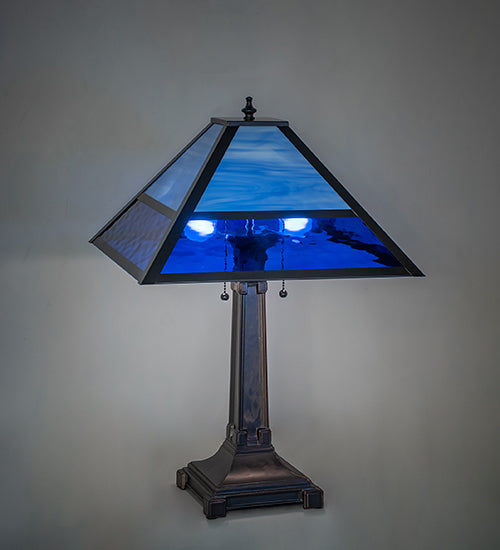 Meyda Lighting Split Mission 24" 2-Light Mahogany Bronze Table Lamps With Blue Shade Glass