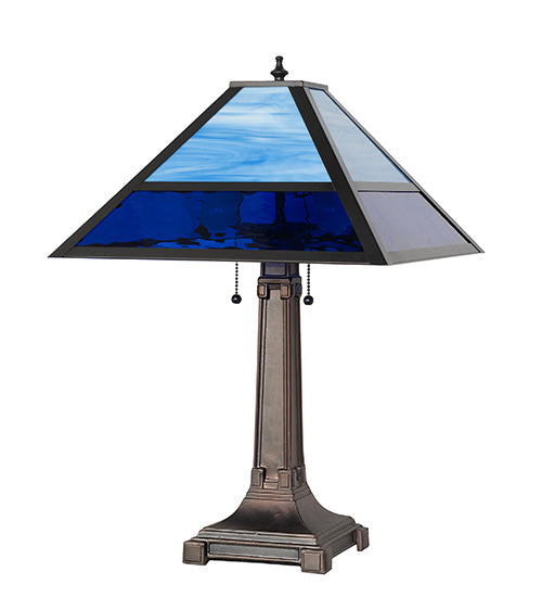 Meyda Lighting Split Mission 24" 2-Light Mahogany Bronze Table Lamps With Blue Shade Glass