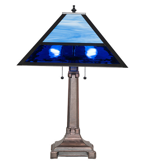 Meyda Lighting Split Mission 24" 2-Light Mahogany Bronze Table Lamps With Blue Shade Glass
