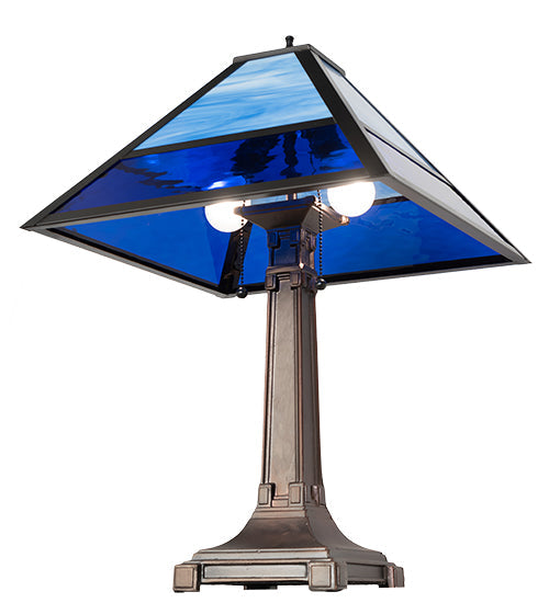 Meyda Lighting Split Mission 24" 2-Light Mahogany Bronze Table Lamps With Blue Shade Glass