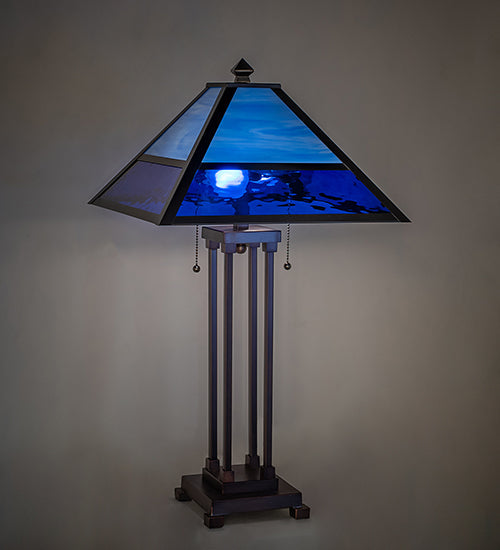 Meyda Lighting Split Mission 28" 2-Light Mahogany Bronze Table Lamp With Blue Shade Glass