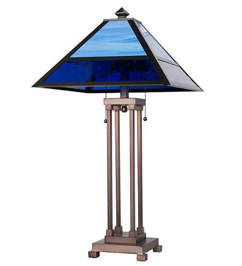 Meyda Lighting Split Mission 28" 2-Light Mahogany Bronze Table Lamp With Blue Shade Glass