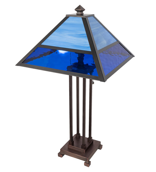 Meyda Lighting Split Mission 28" 2-Light Mahogany Bronze Table Lamp With Blue Shade Glass